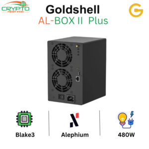 Model AL-BOX II Plus from Goldshell mining Blake3 algorithm with a maximum hashrate of 1Th/s for a power consumption of 480W.