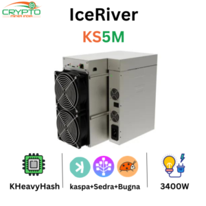 IceRiver KS5M Kaspa miner, featuring 15Th/s hashrate and 3400W power consumption for KHeavyHash algorithm.