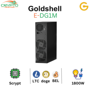 Goldshell E-DG1M mining rig for Litcoin,dogecoine featuring 3.4Gh/s hashrate and 1800W power usage, supports Scrypt algorithms.